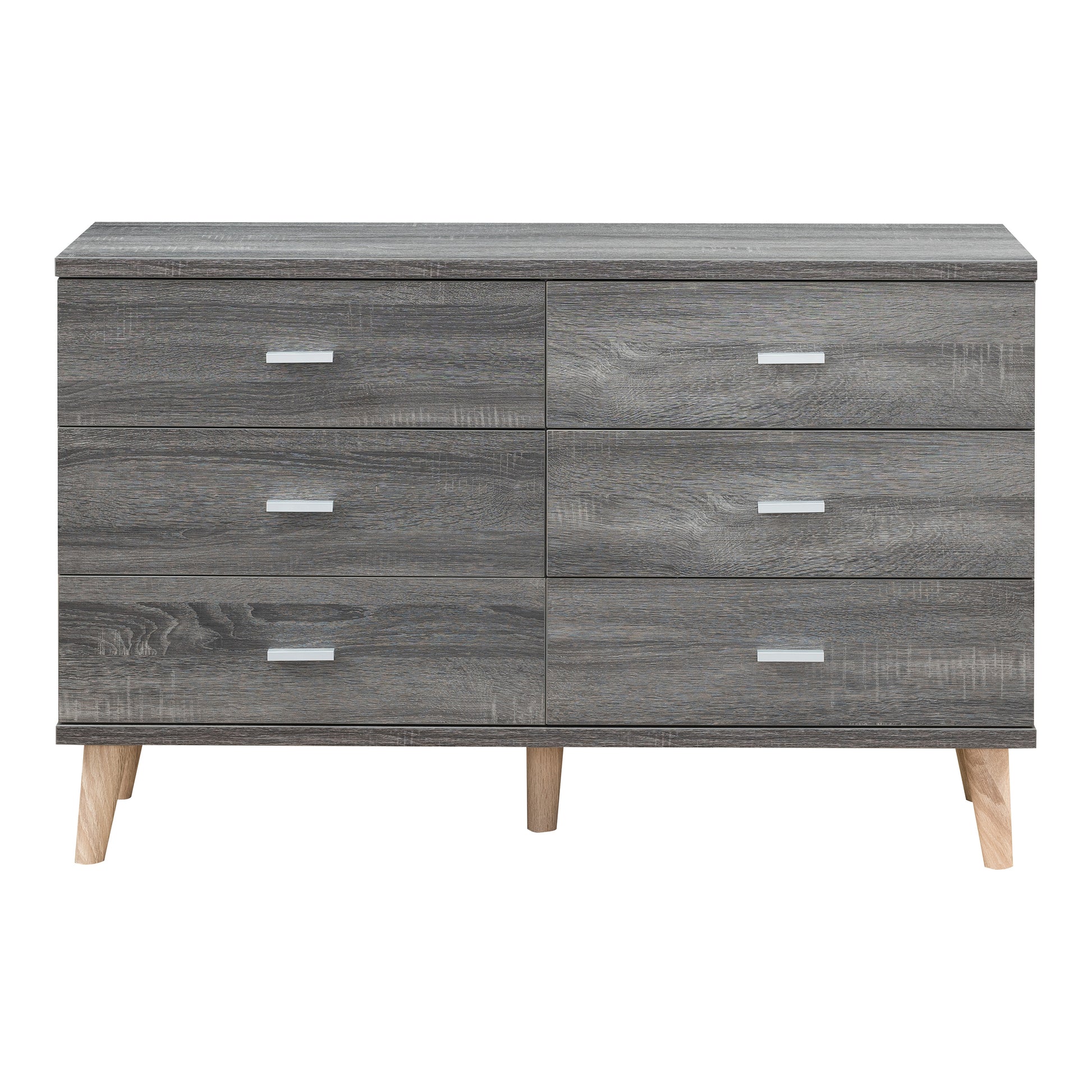 Front-facing mid-century modern distressed gray six-drawer dresser on a white background