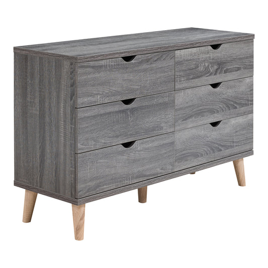 Right angled mid-century modern distressed gray six-drawer dresser on a white background