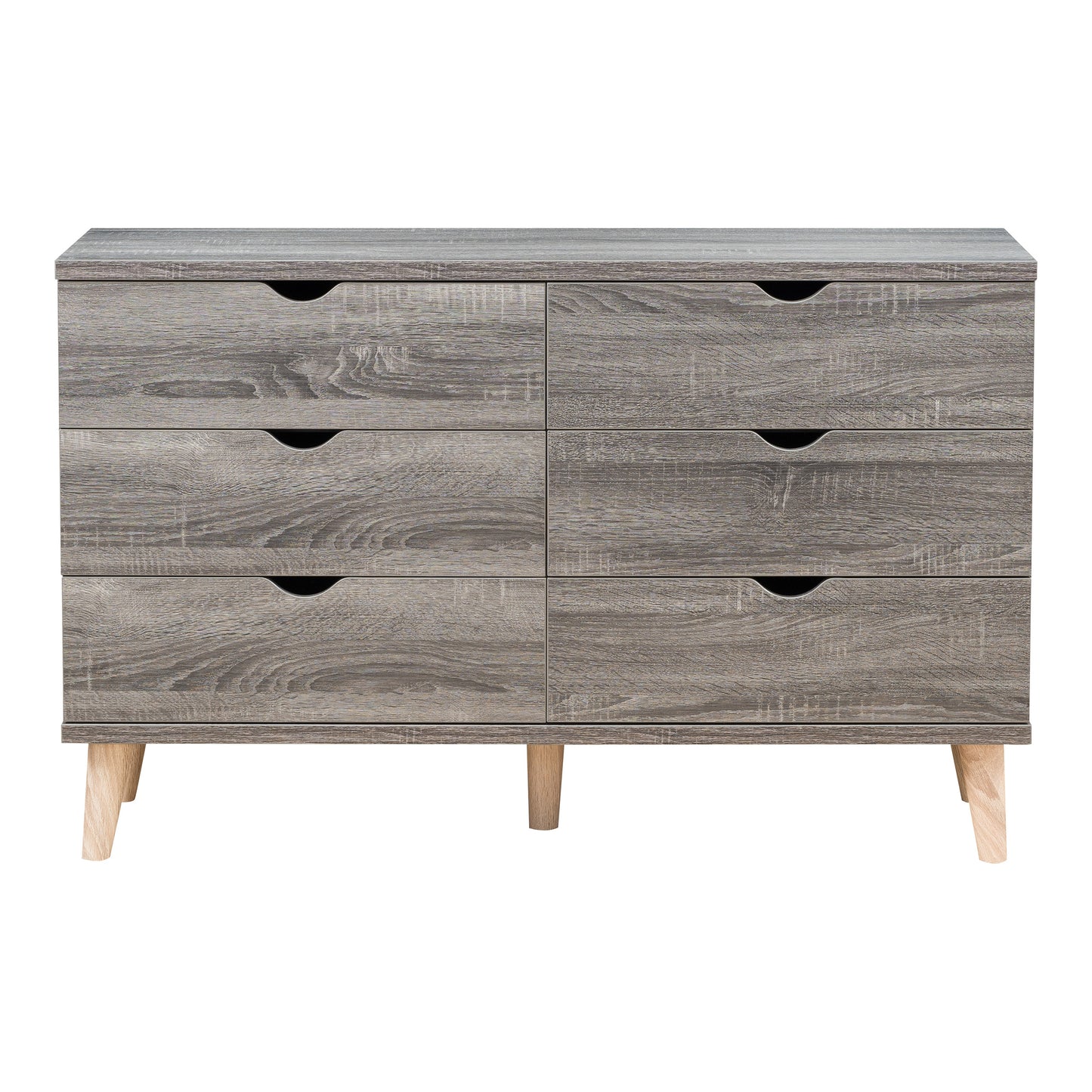 Front-facing mid-century modern distressed gray six-drawer dresser on a white background