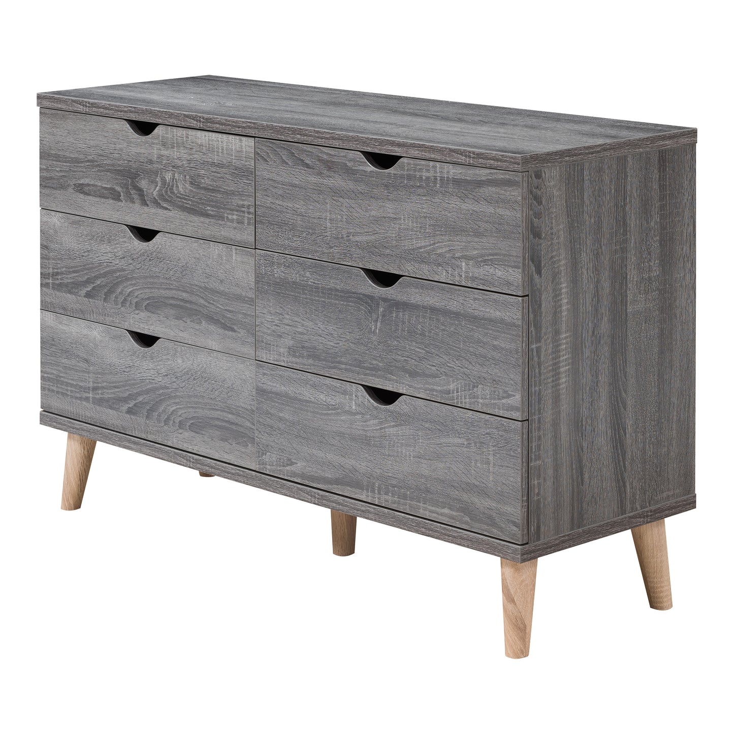 Left angled mid-century modern distressed gray six-drawer dresser on a white background