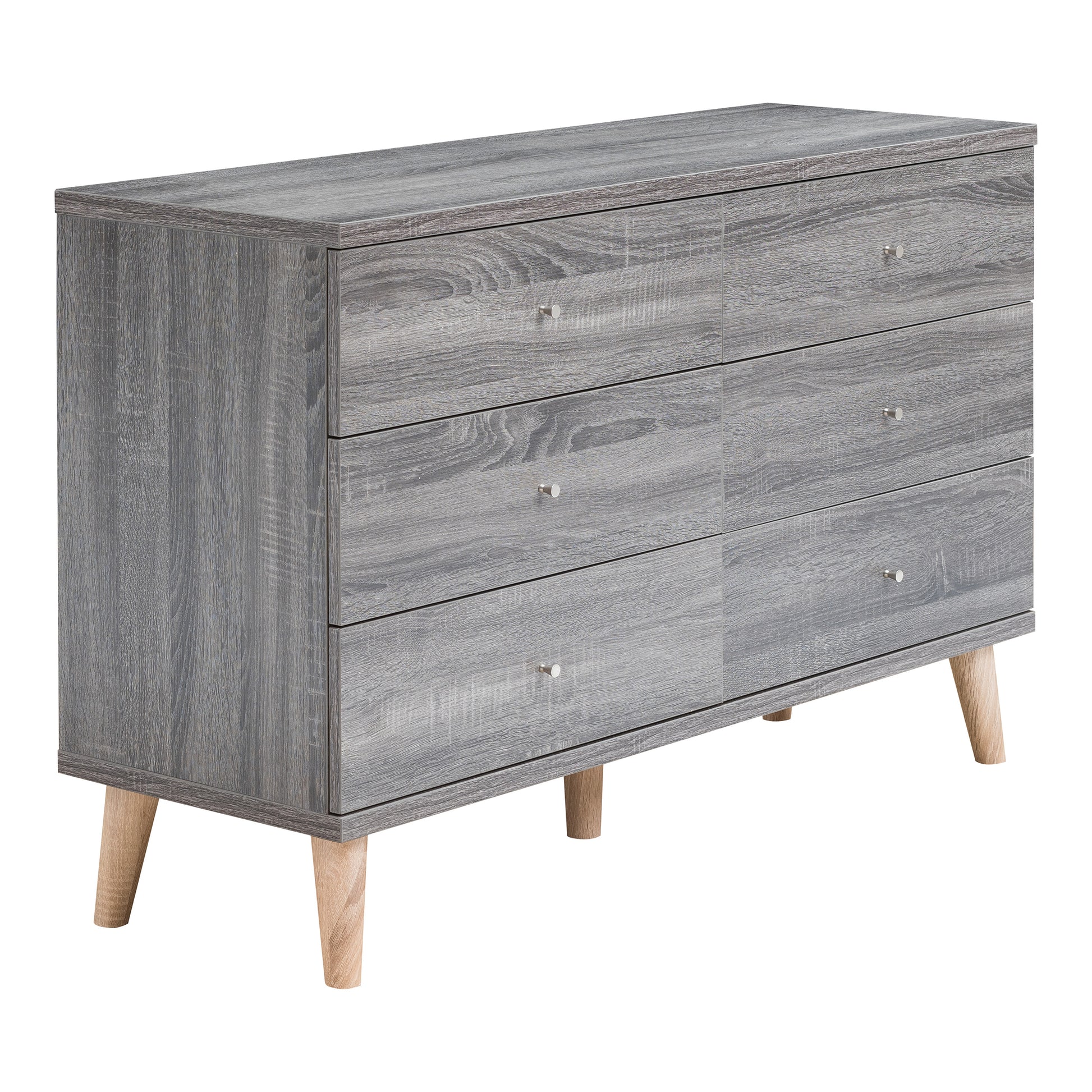 Right angled mid-century modern distressed gray six-drawer dresser on a white background