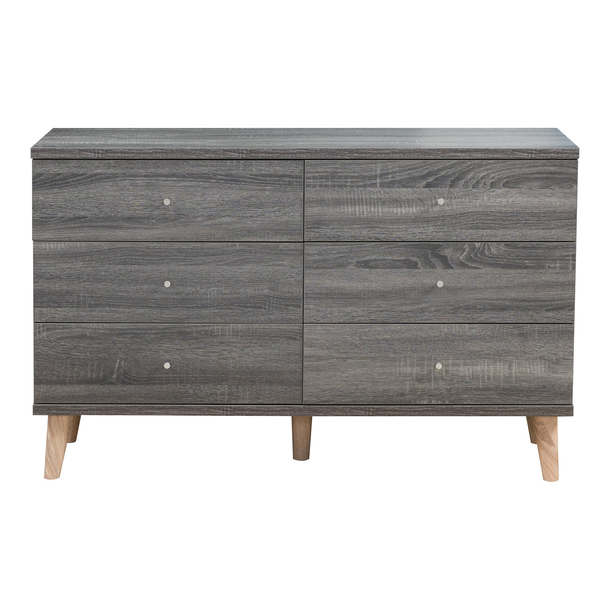 Front-facing mid-century modern distressed gray six-drawer dresser on a white background