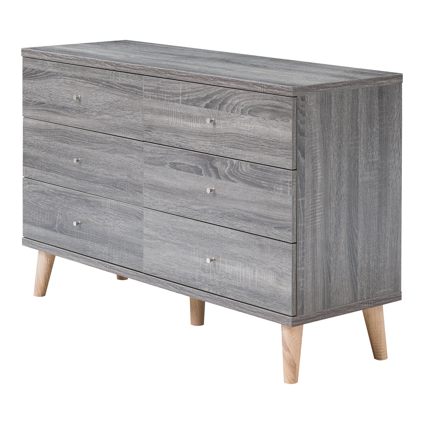 Left angled mid-century modern distressed gray six-drawer dresser on a white background