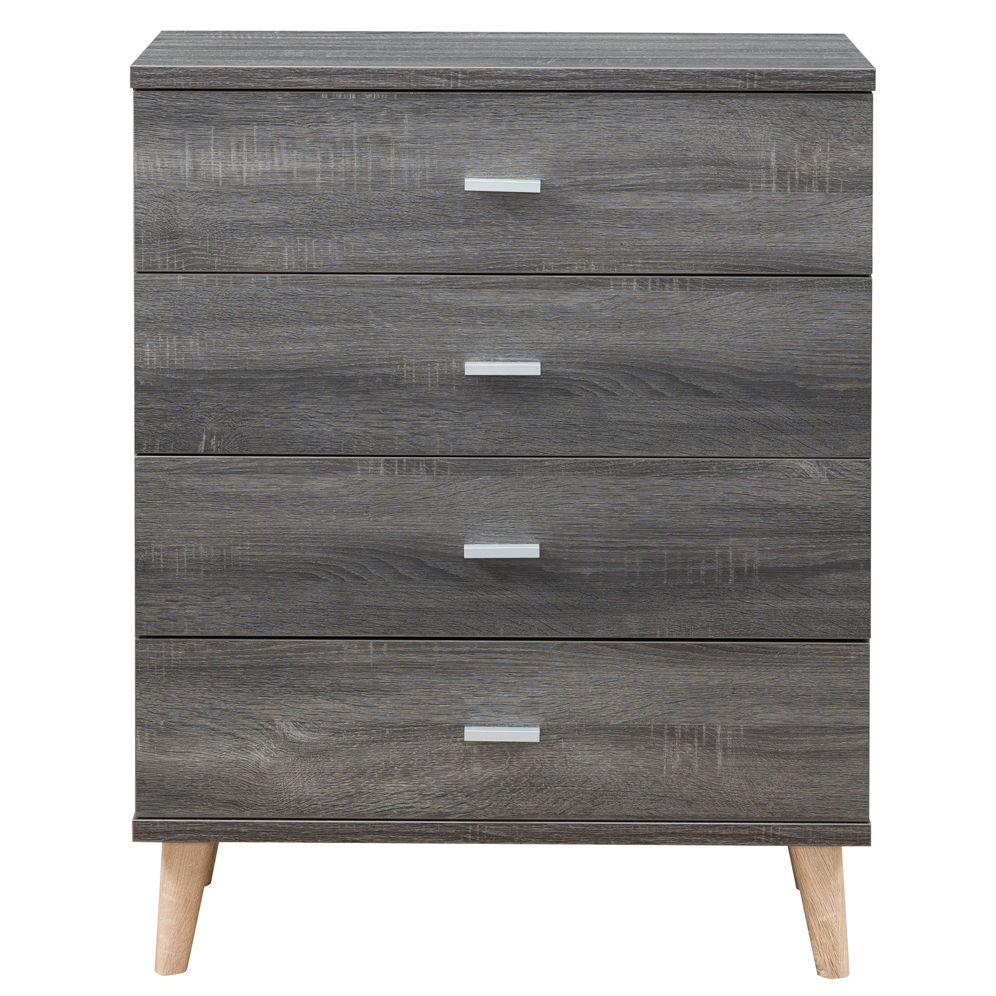 Front-facing mid-century modern distressed gray four-drawer chest dresser on a white background