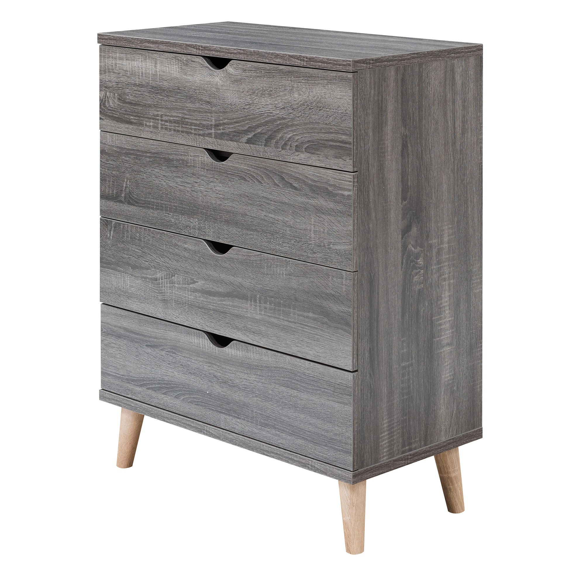 Left angled mid-century modern distressed gray four-drawer chest dresser on a white background