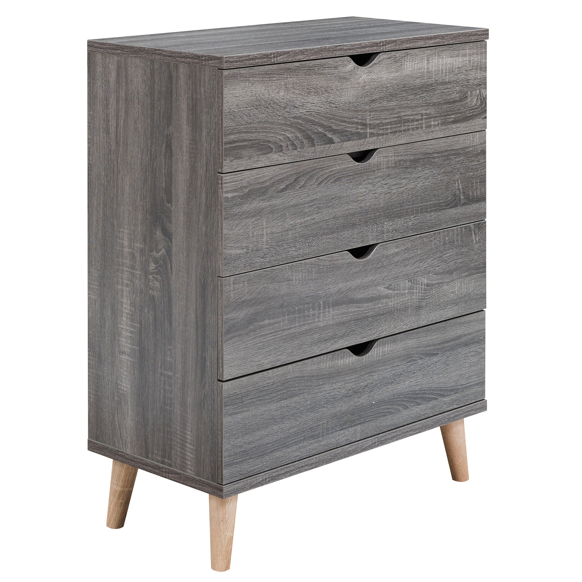 Right angled mid-century modern distressed gray four-drawer chest dresser on a white background