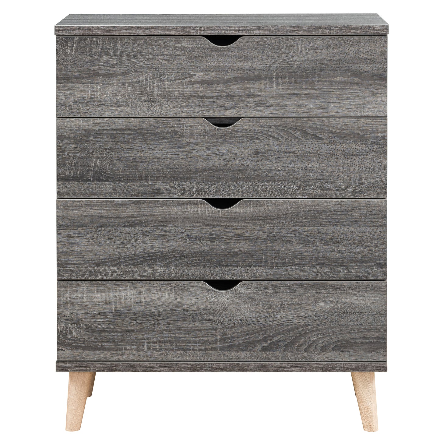 Front-facing mid-century modern distressed gray four-drawer chest dresser on a white background