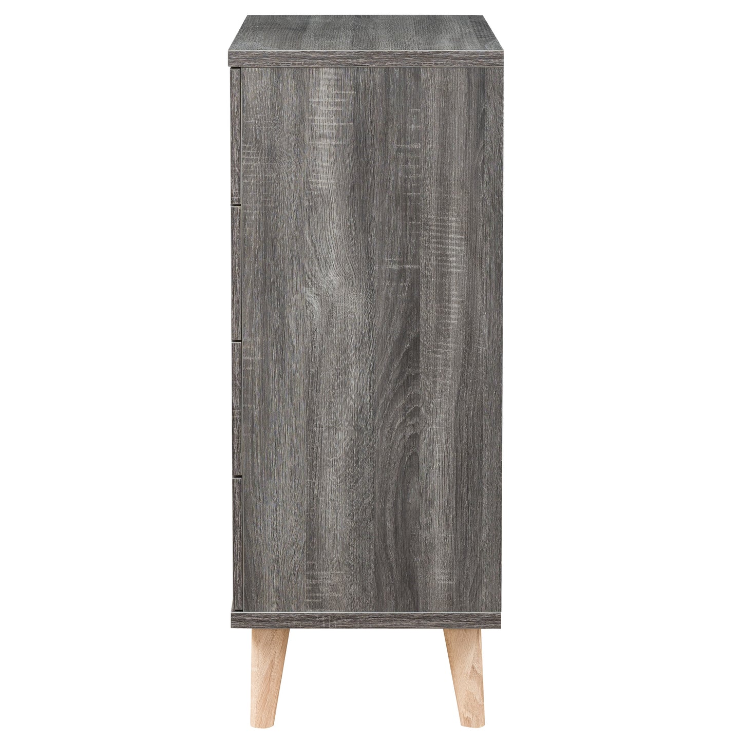 Front-facing side view of a mid-century modern distressed gray four-drawer chest dresser on a white background