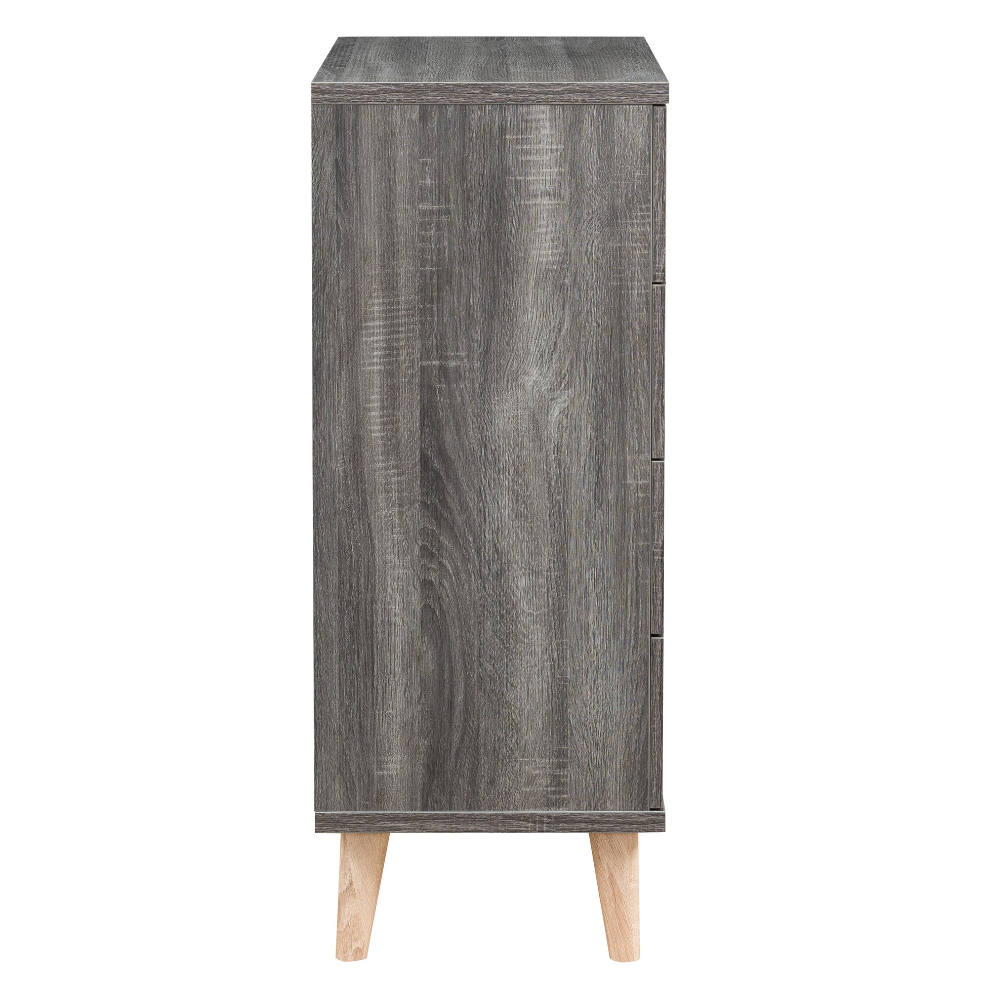 Front-facing side view of a mid-century modern distressed gray four-drawer chest dresser on a white background