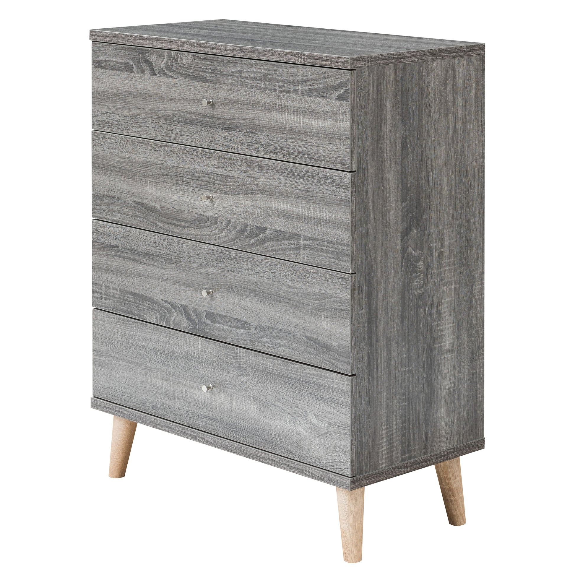 Left angled mid-century modern distressed gray four-drawer chest dresser on a white background