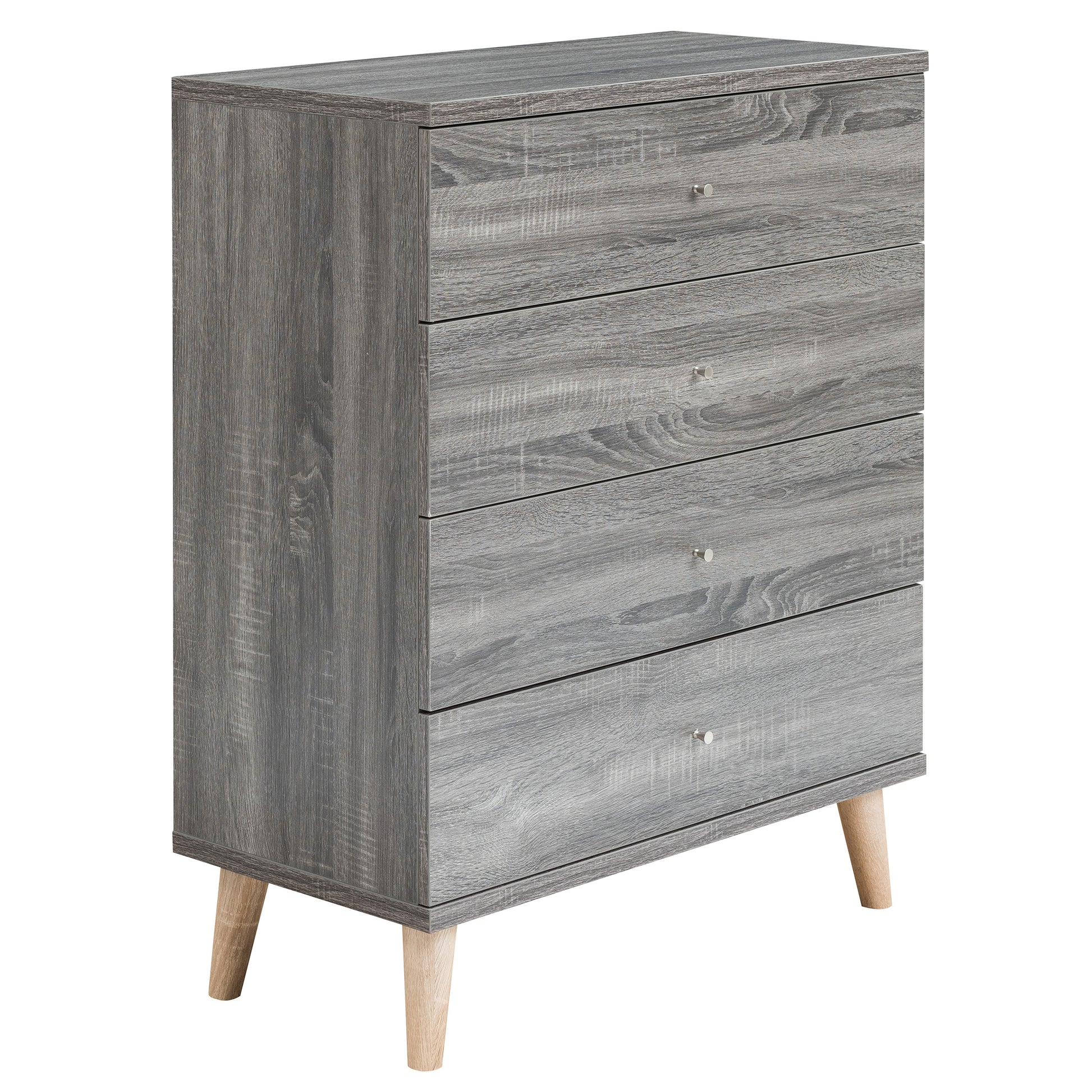 Right angled mid-century modern distressed gray four-drawer chest dresser on a white background