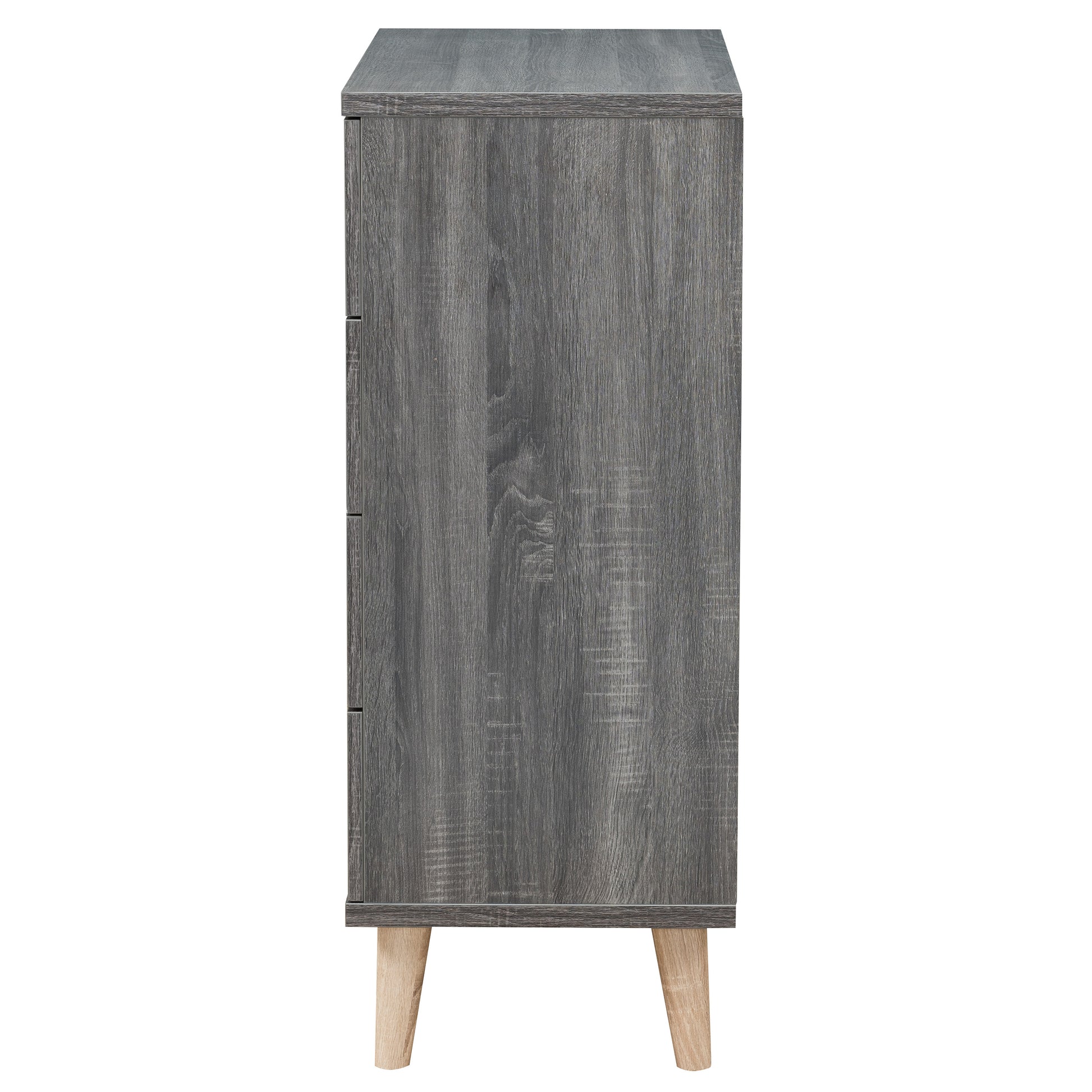 Front-facing side view of a mid-century modern distressed gray four-drawer chest dresser on a white background