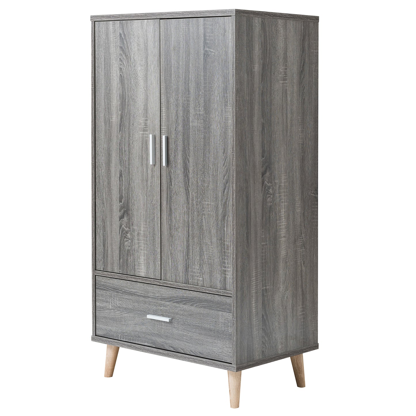 Left angled mid-century modern distressed gray two-door one-drawer wardrobe armoire on a white background