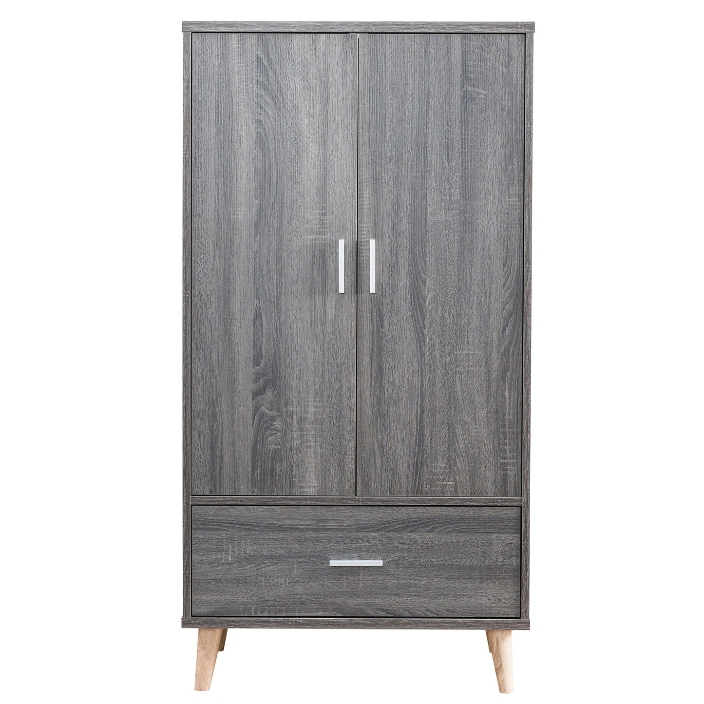 Front-facing mid-century modern distressed gray two-door one-drawer wardrobe armoire on a white background