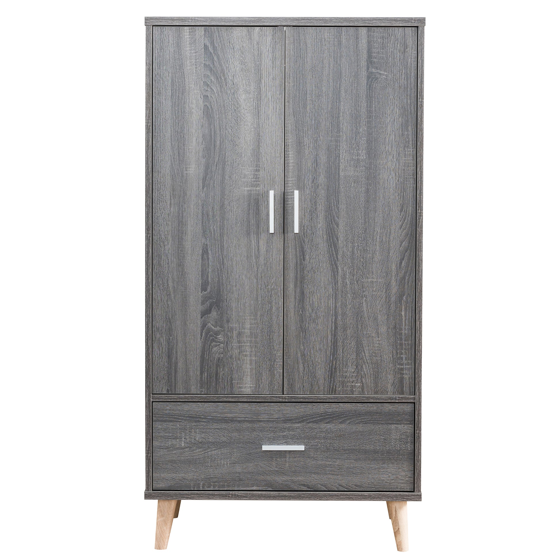 Front-facing mid-century modern distressed gray two-door one-drawer wardrobe armoire on a white background