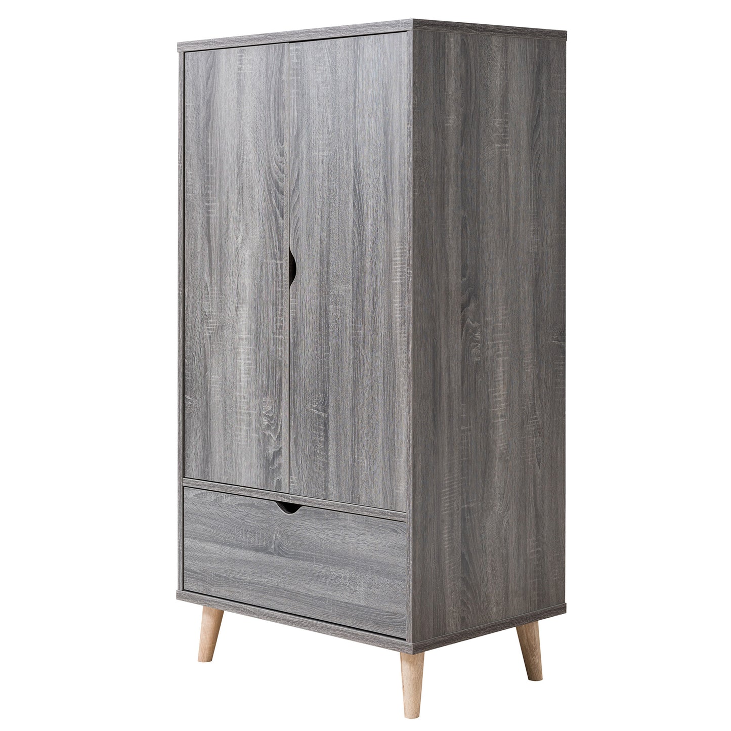 Left angled mid-century modern distressed gray two-door one-drawer wardrobe armoire on a white background