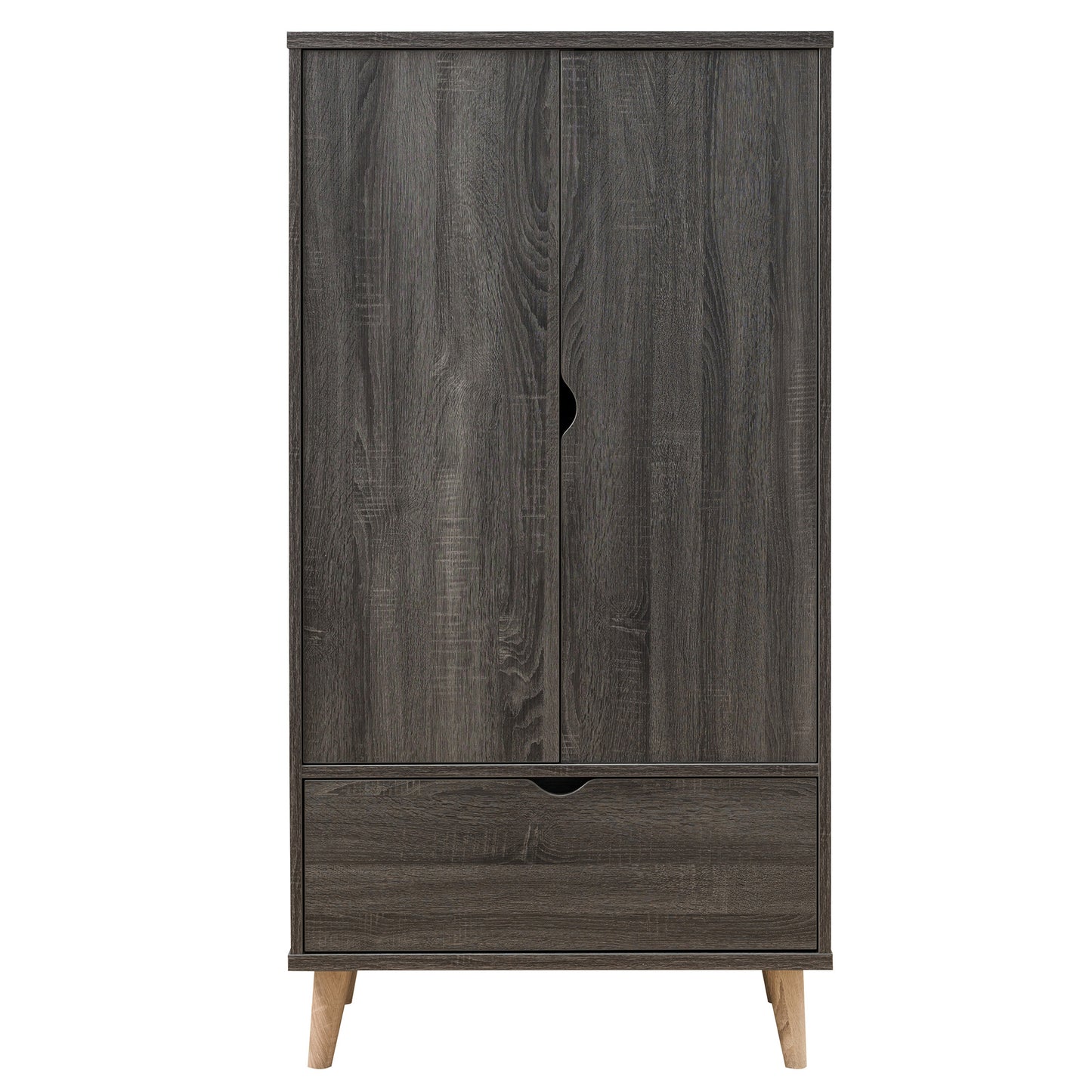 Front-facing mid-century modern distressed gray two-door one-drawer wardrobe armoire on a white background