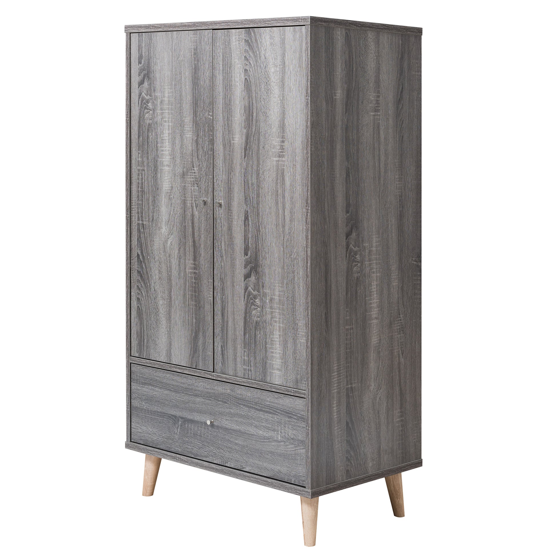 Left angled mid-century modern distressed gray two-door one-drawer wardrobe armoire on a white background