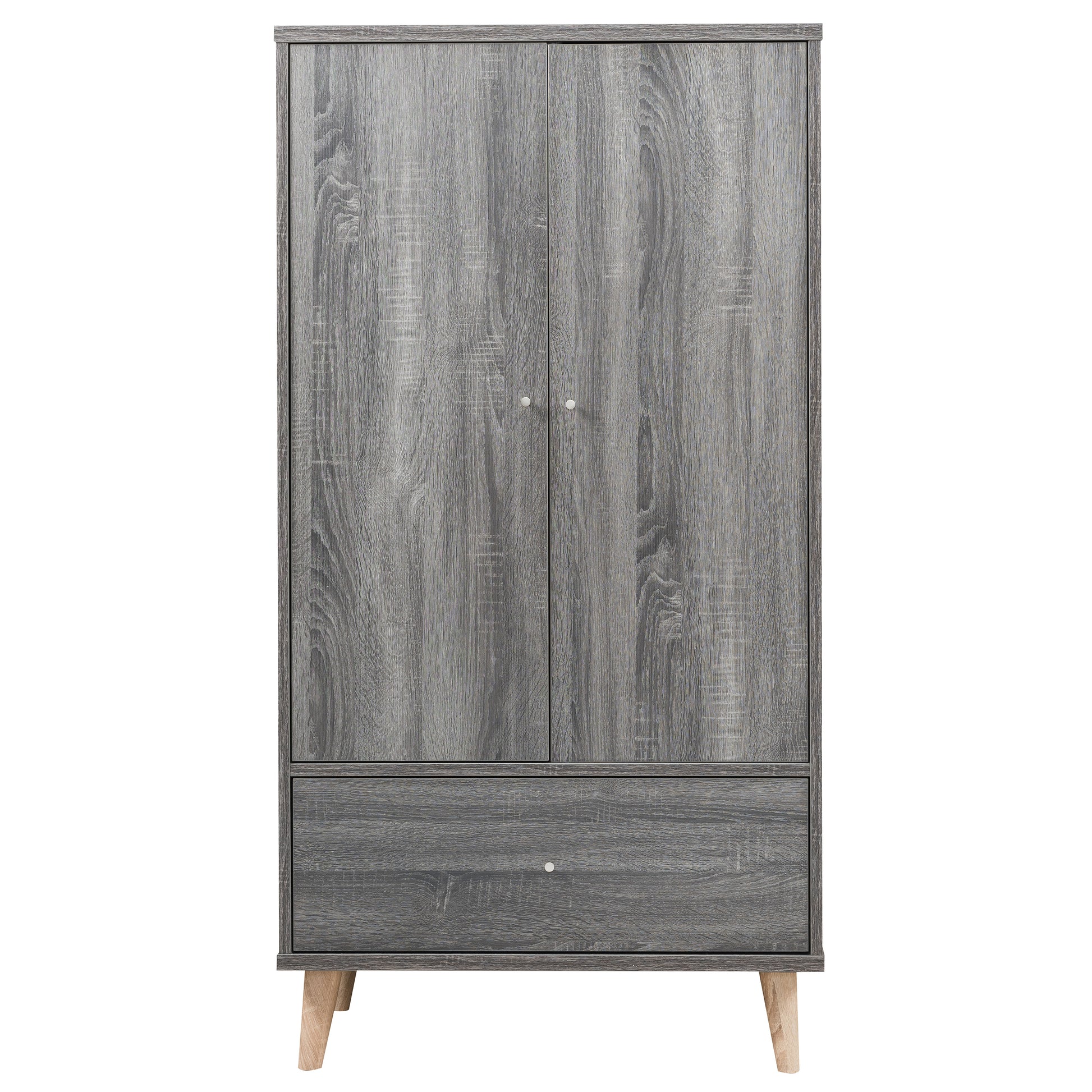 Front-facing mid-century modern distressed gray two-door one-drawer wardrobe armoire on a white background