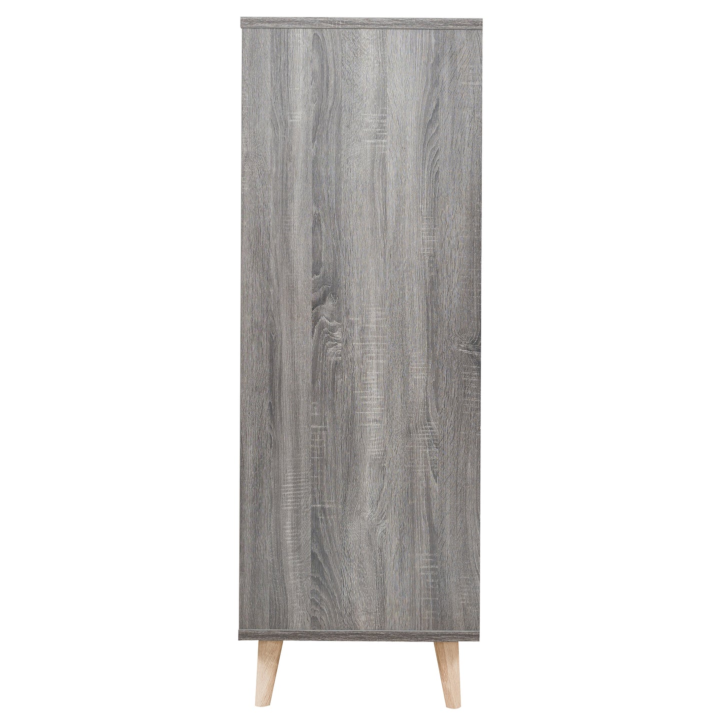 Front-facing side view of a mid-century modern distressed gray two-door one-drawer wardrobe armoire on a white background