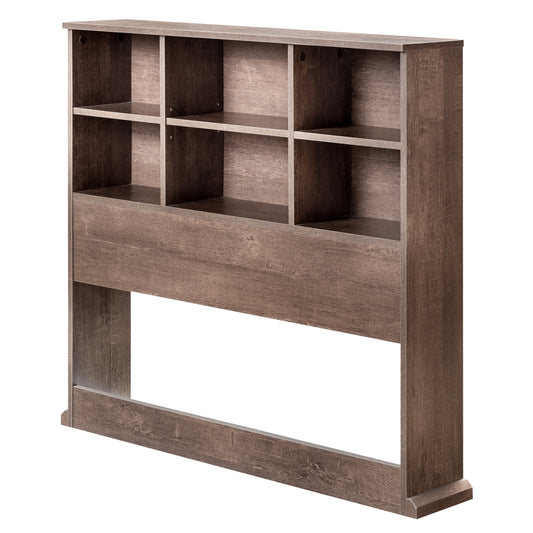 Left angled transitional walnut six-shelf standing bookcase headboard on a white background