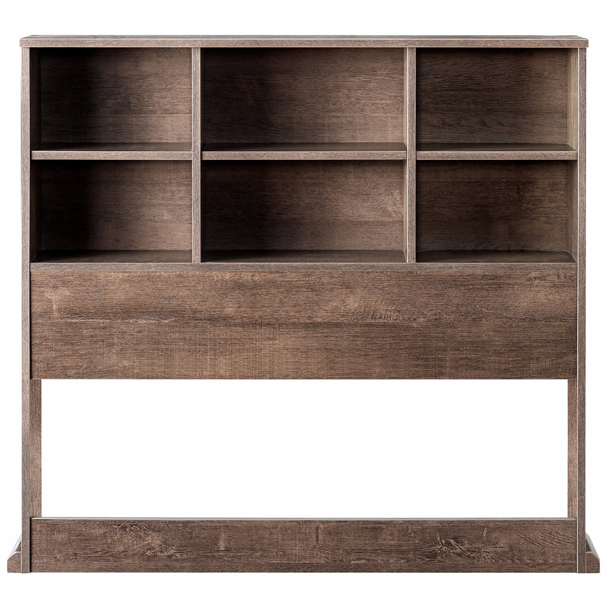 Front-facing transitional walnut six-shelf standing bookcase headboard on a white background