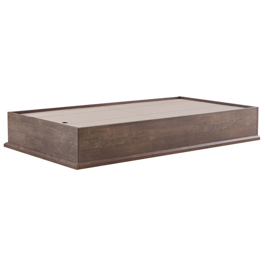 Left angled contemporary walnut three-drawer platform storage bed on a white background