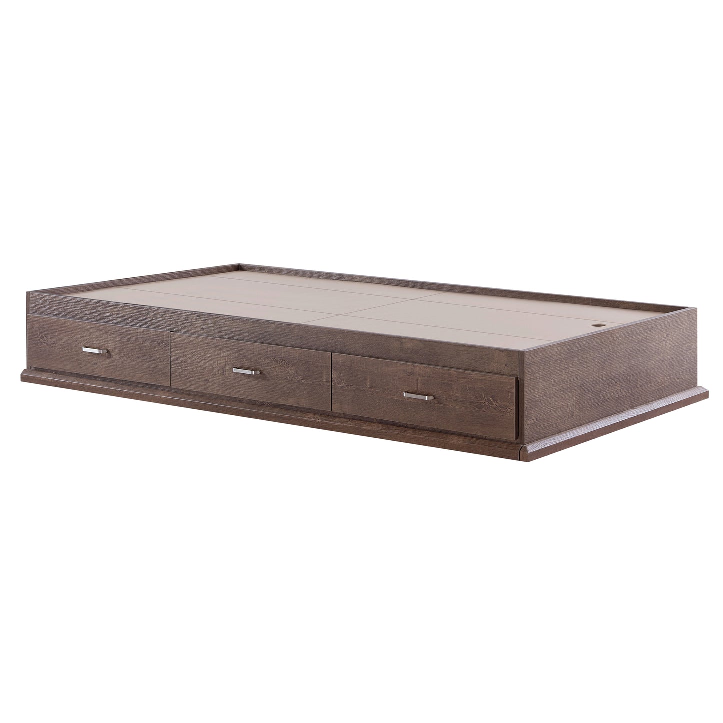 Right angled contemporary walnut three-drawer platform storage bed on a white background