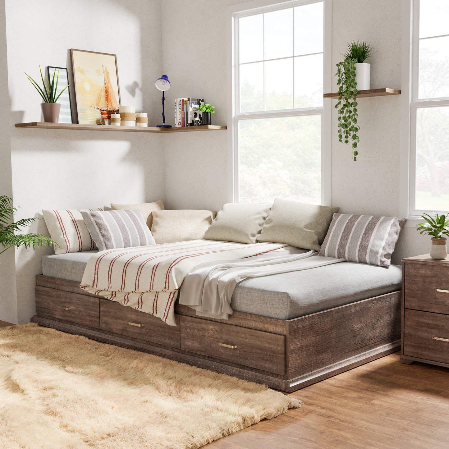 Right angled contemporary walnut three-drawer platform storage bed in a bedroom with accessories