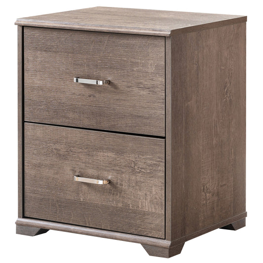 Left angled transitional walnut two-drawer nightstand on a white background