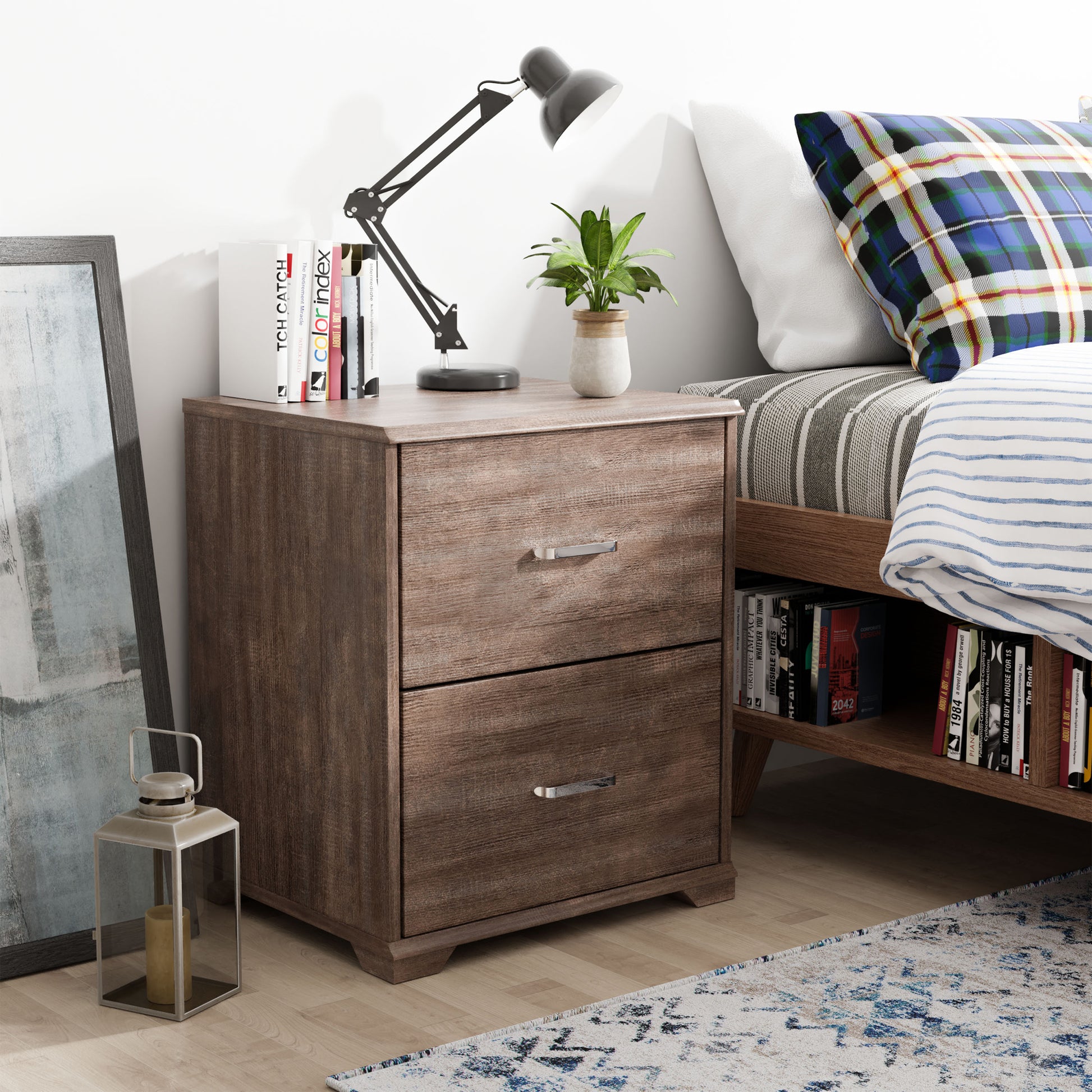 Right angled transitional walnut two-drawer nightstand in a bedroom with accessories