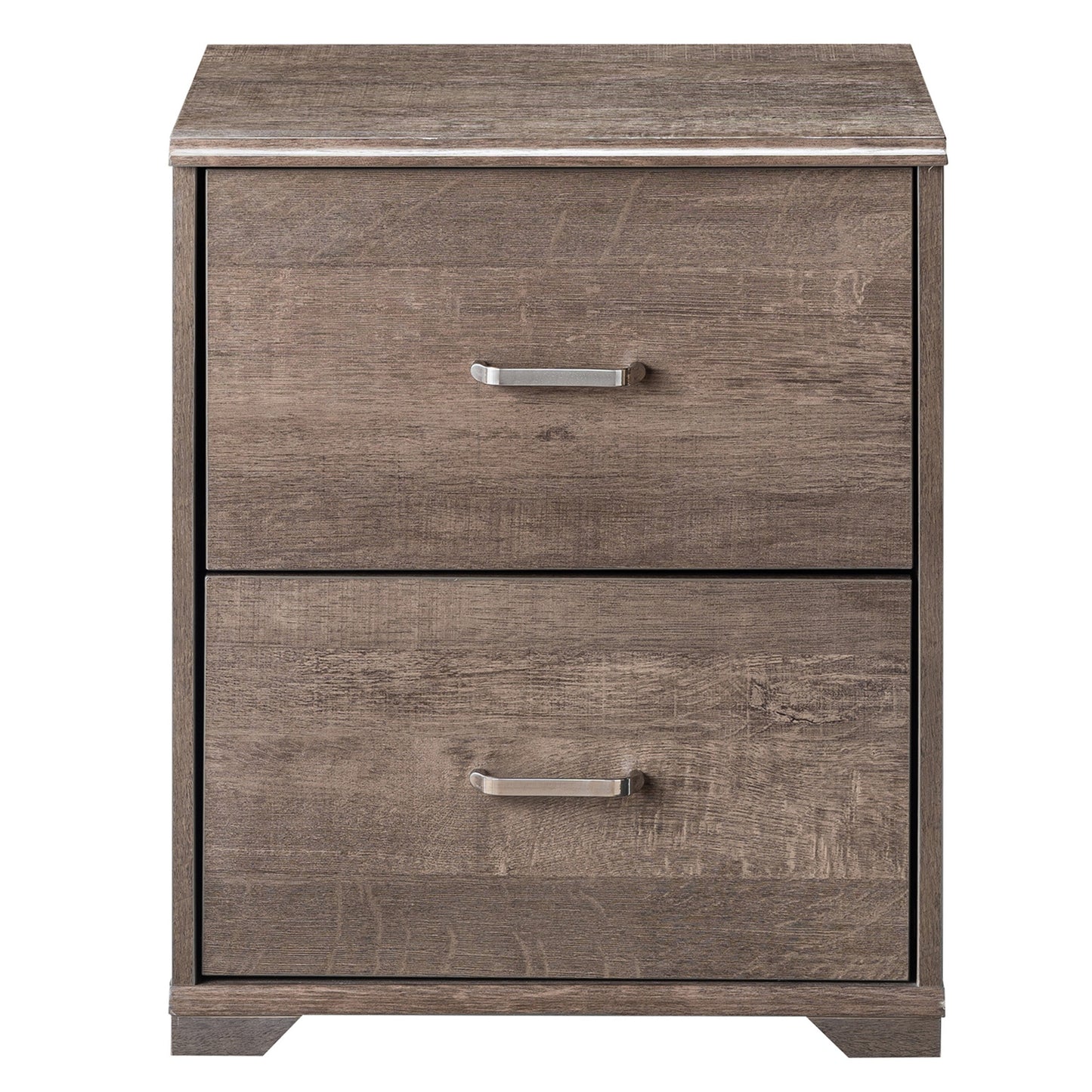 Front-facing transitional walnut two-drawer nightstand on a white background