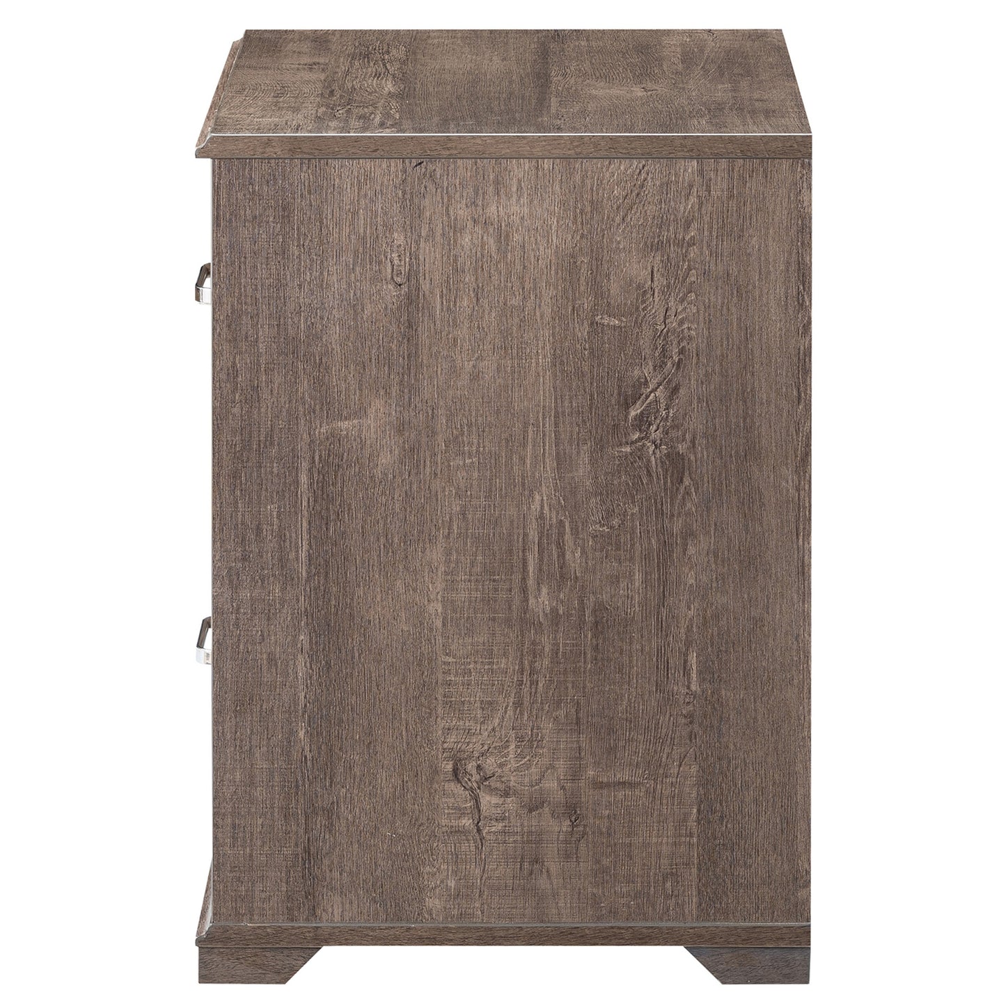 Front-facing side view of a transitional walnut two-drawer nightstand on a white background