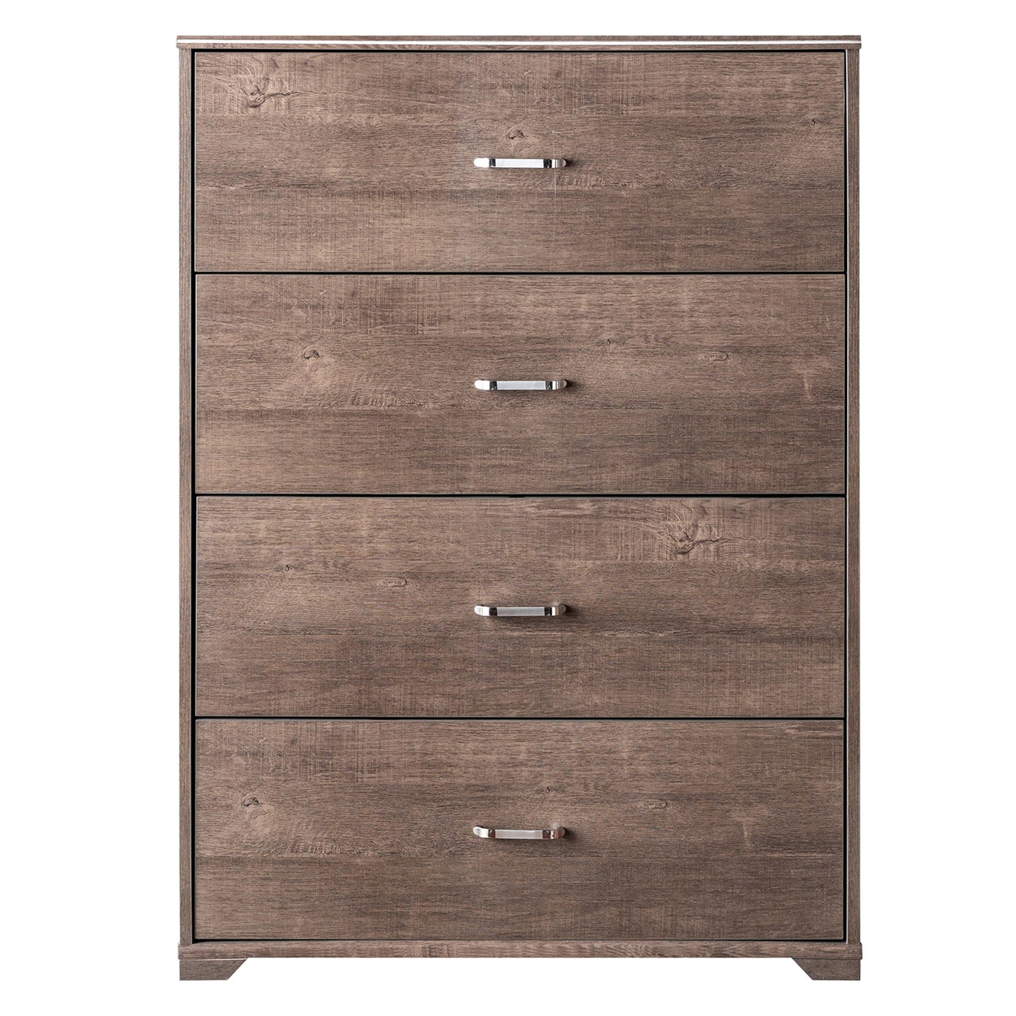 Front-facing contemporary walnut four-drawer chest dresser on a white background