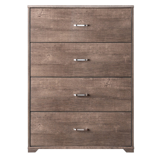 Front-facing contemporary walnut four-drawer chest dresser on a white background
