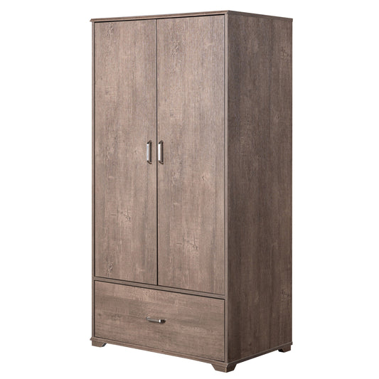 Left angled contemporary walnut two-door one-drawer wardrobe armoire on a white background