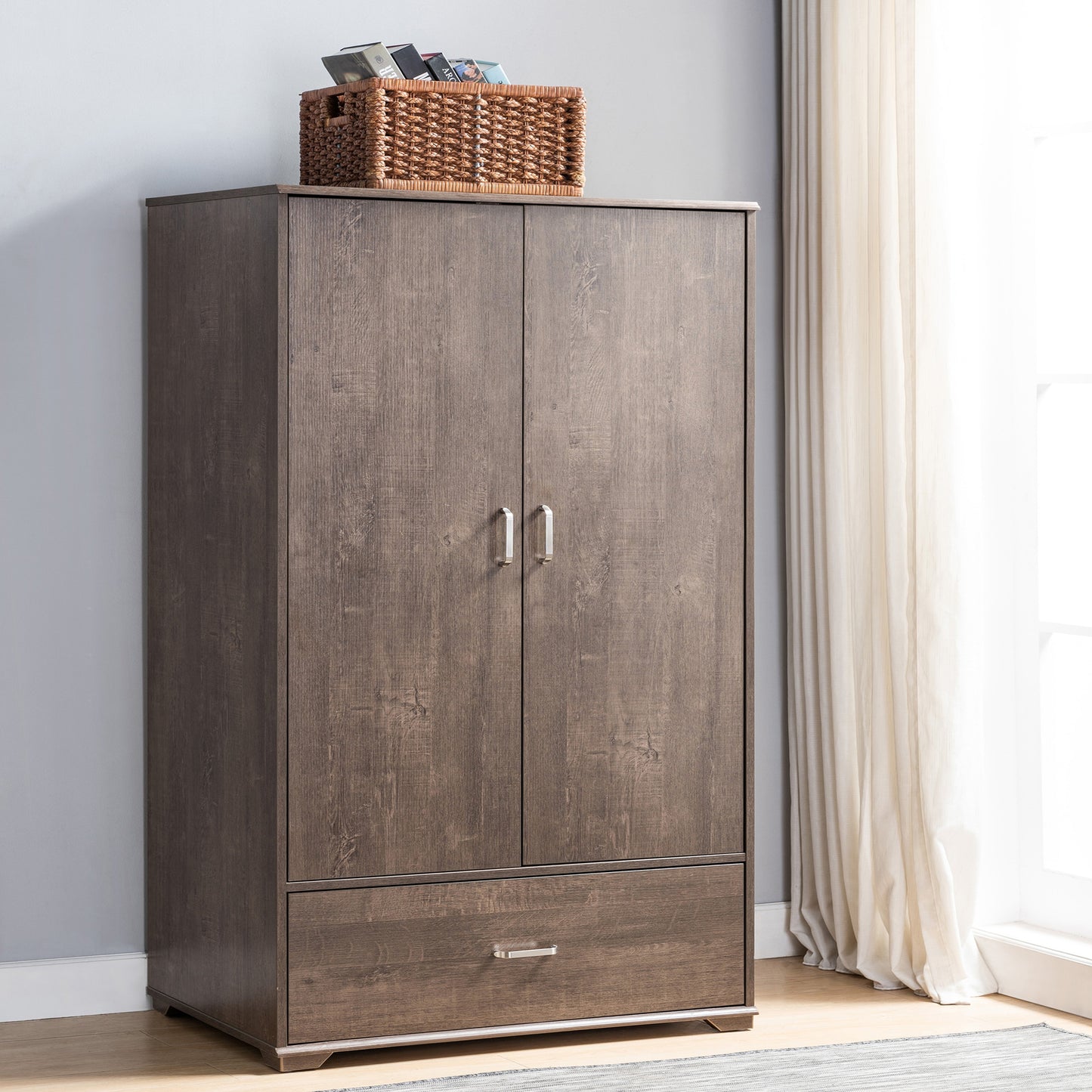 Right angled contemporary walnut two-door one-drawer wardrobe armoire in a bedroom with accessories
