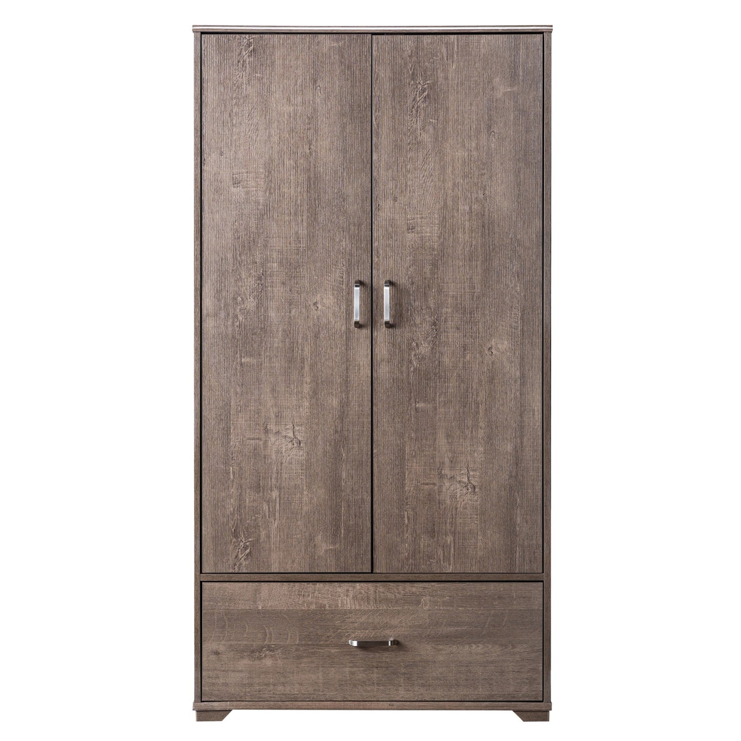Front-facing contemporary walnut two-door one-drawer wardrobe armoire on a white background