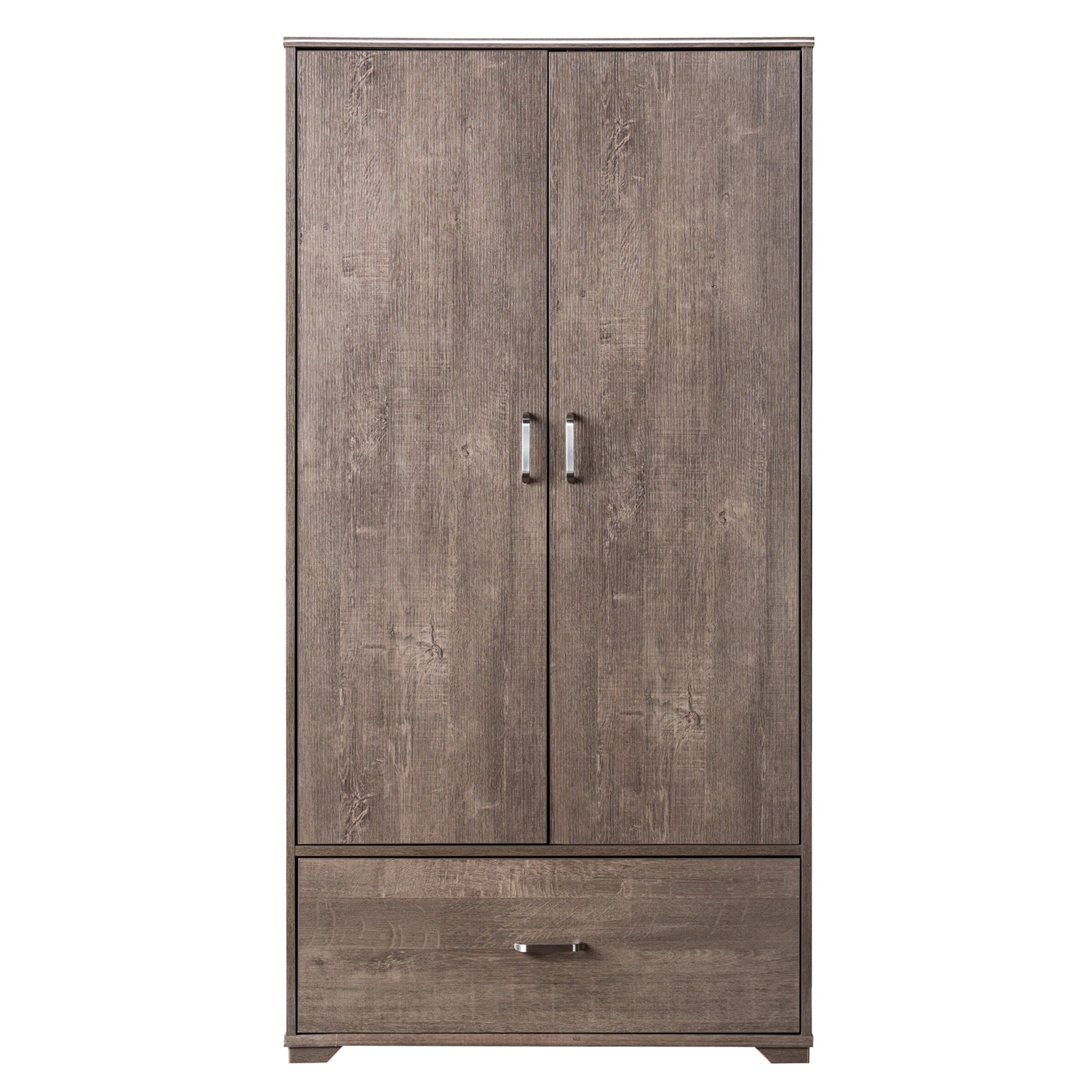 Front-facing contemporary walnut two-door one-drawer wardrobe armoire on a white background