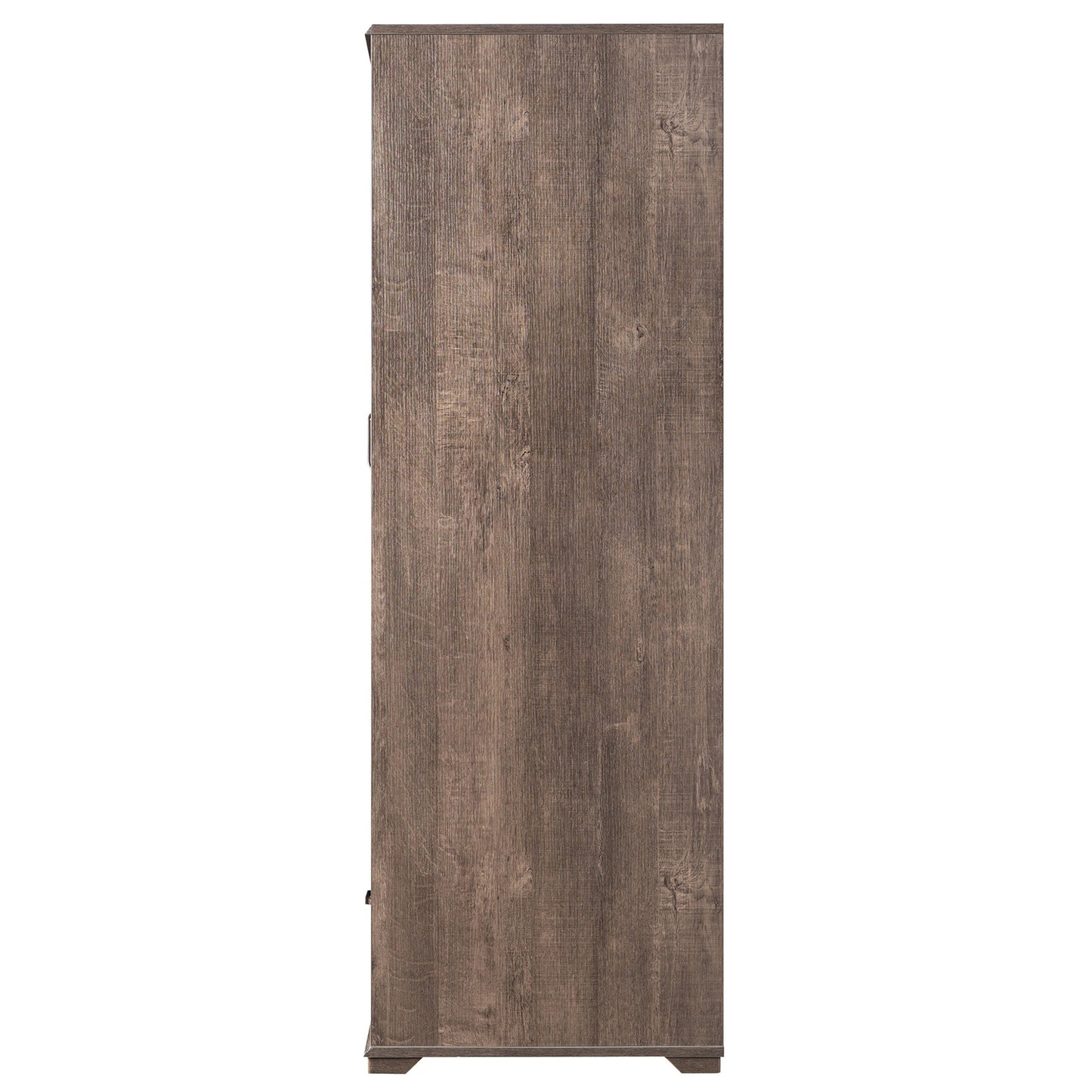 Front-facing side view of a contemporary walnut two-door one-drawer wardrobe armoire on a white background