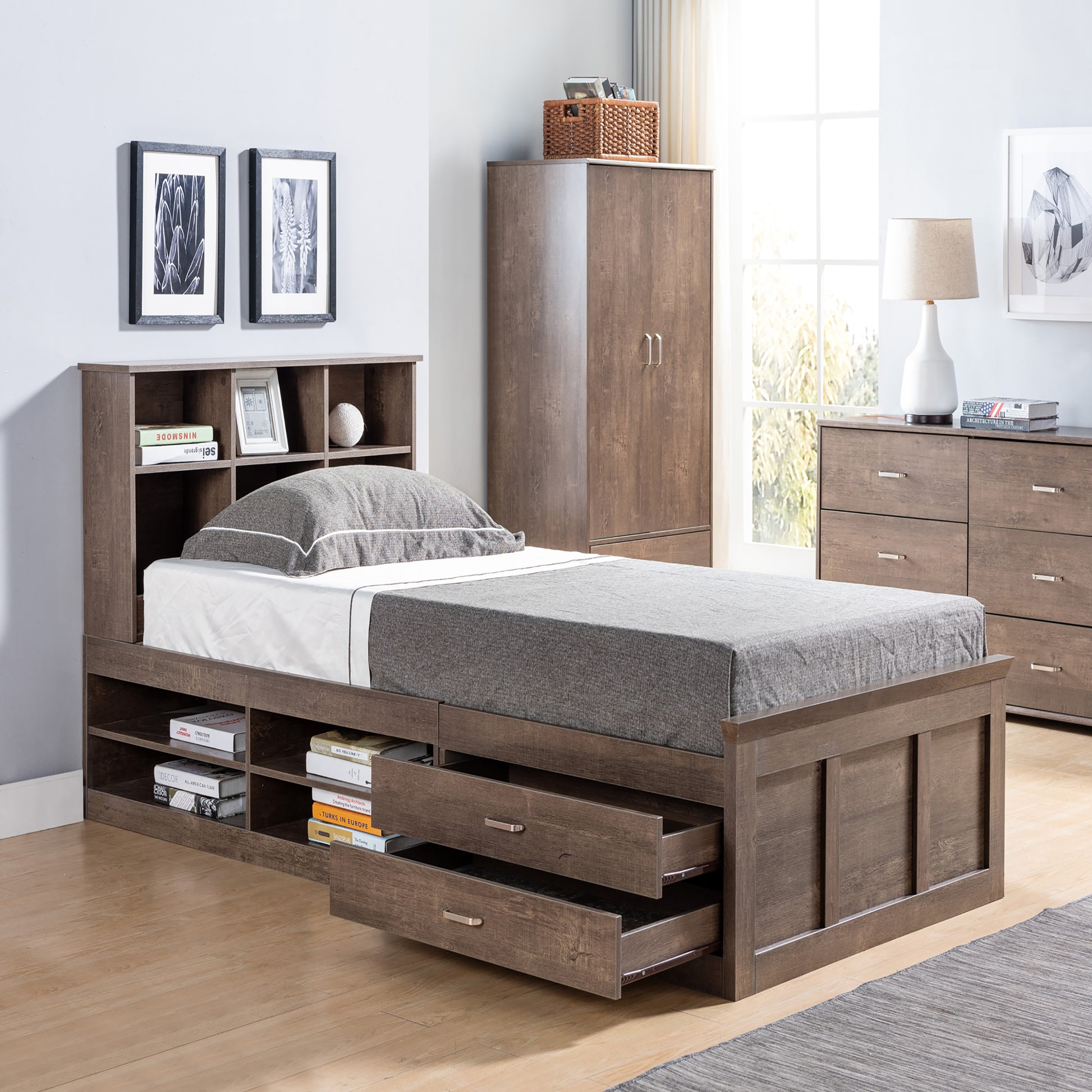 Right angled transitional walnut six-shelf bookcase headboard shown with a bed in a bedroom with accessories