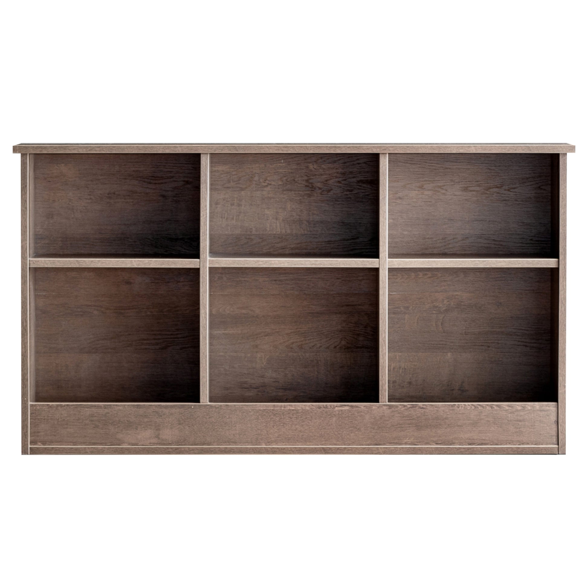 Front-facing transitional walnut six-shelf bookcase headboard on a white background