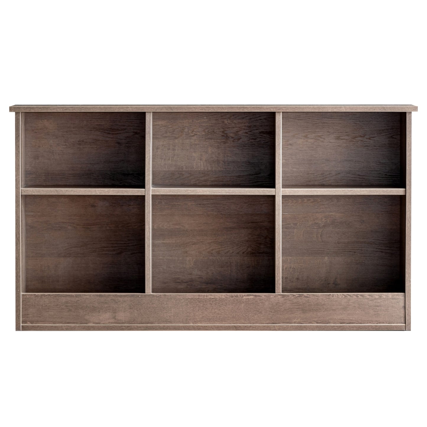 Front-facing transitional walnut six-shelf bookcase headboard on a white background