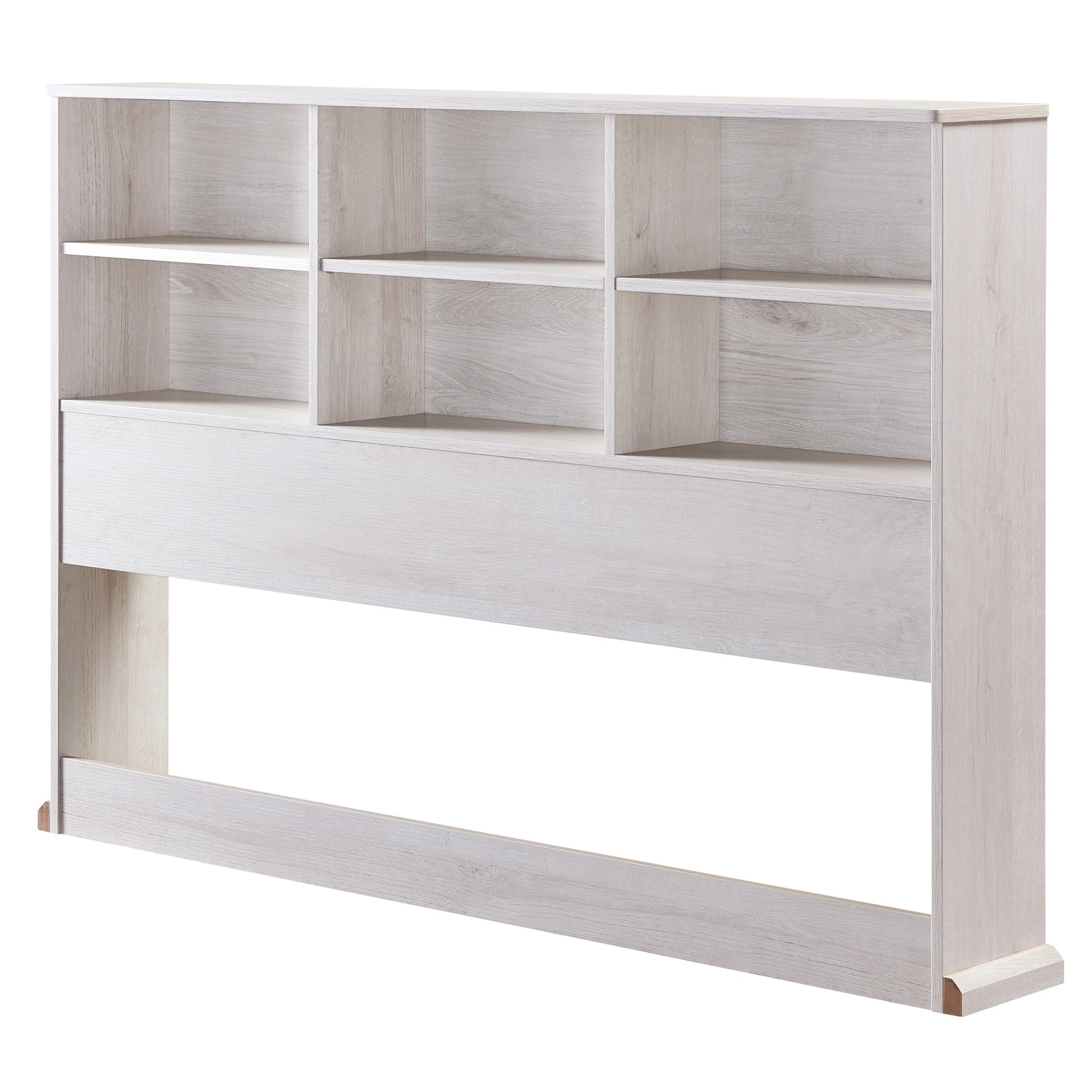 Left angled transitional white oak six-shelf standing bookcase headboard on a white background