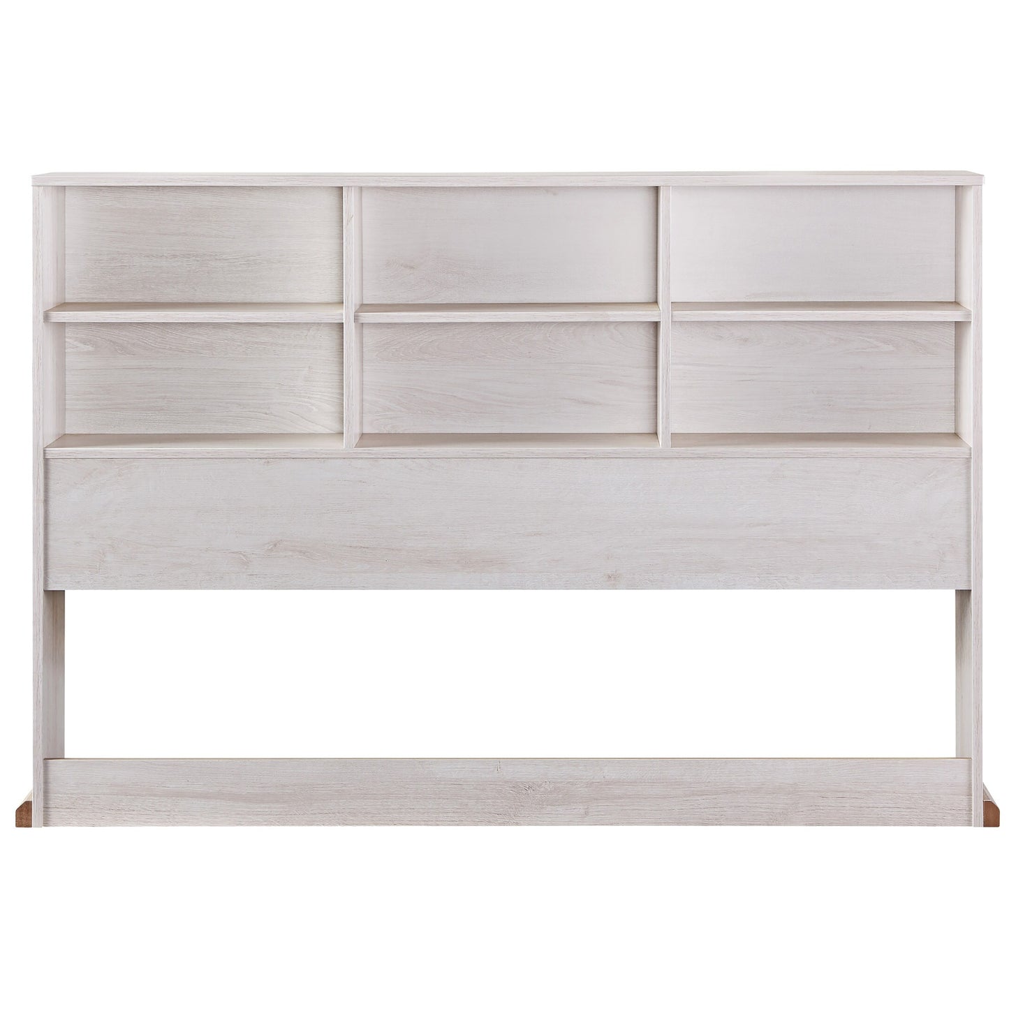 Front-facing transitional white oak six-shelf standing bookcase headboard on a white background