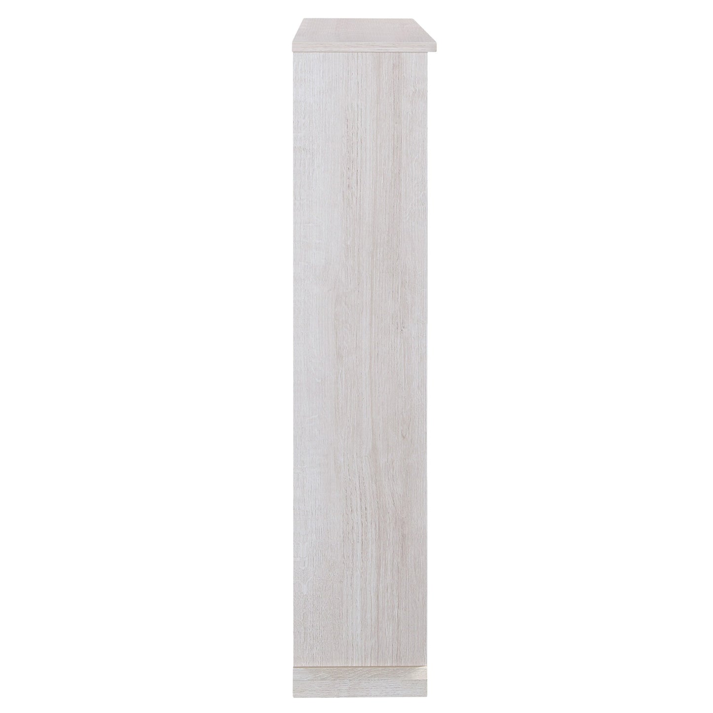 Front-facing side view of a transitional white oak six-shelf standing bookcase headboard on a white background