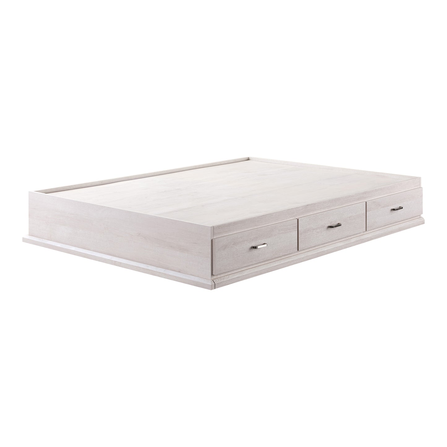 Left angled contemporary white oak three-drawer platform storage bed on a white background