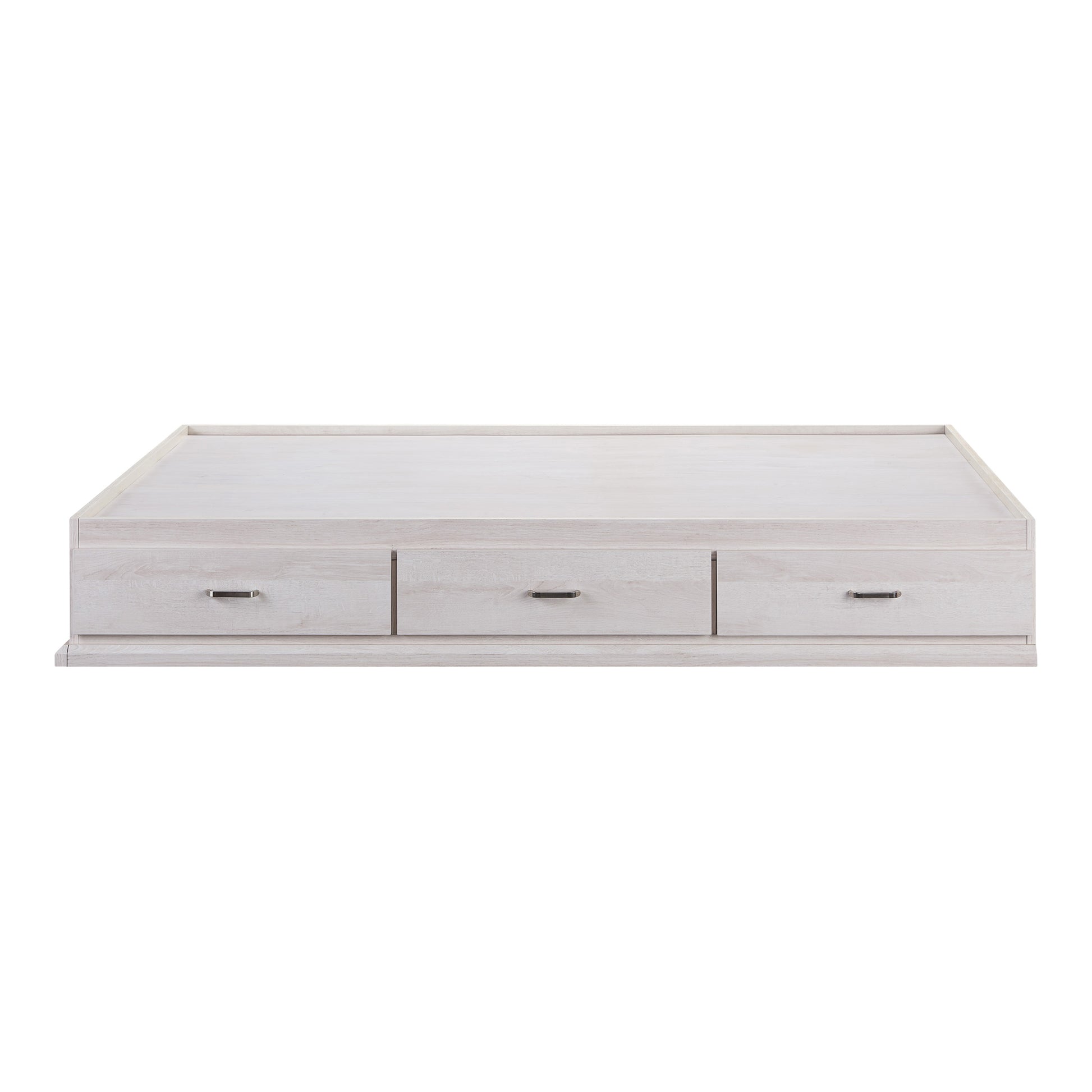 Front-facing side view of a contemporary white oak three-drawer platform storage bed on a white background