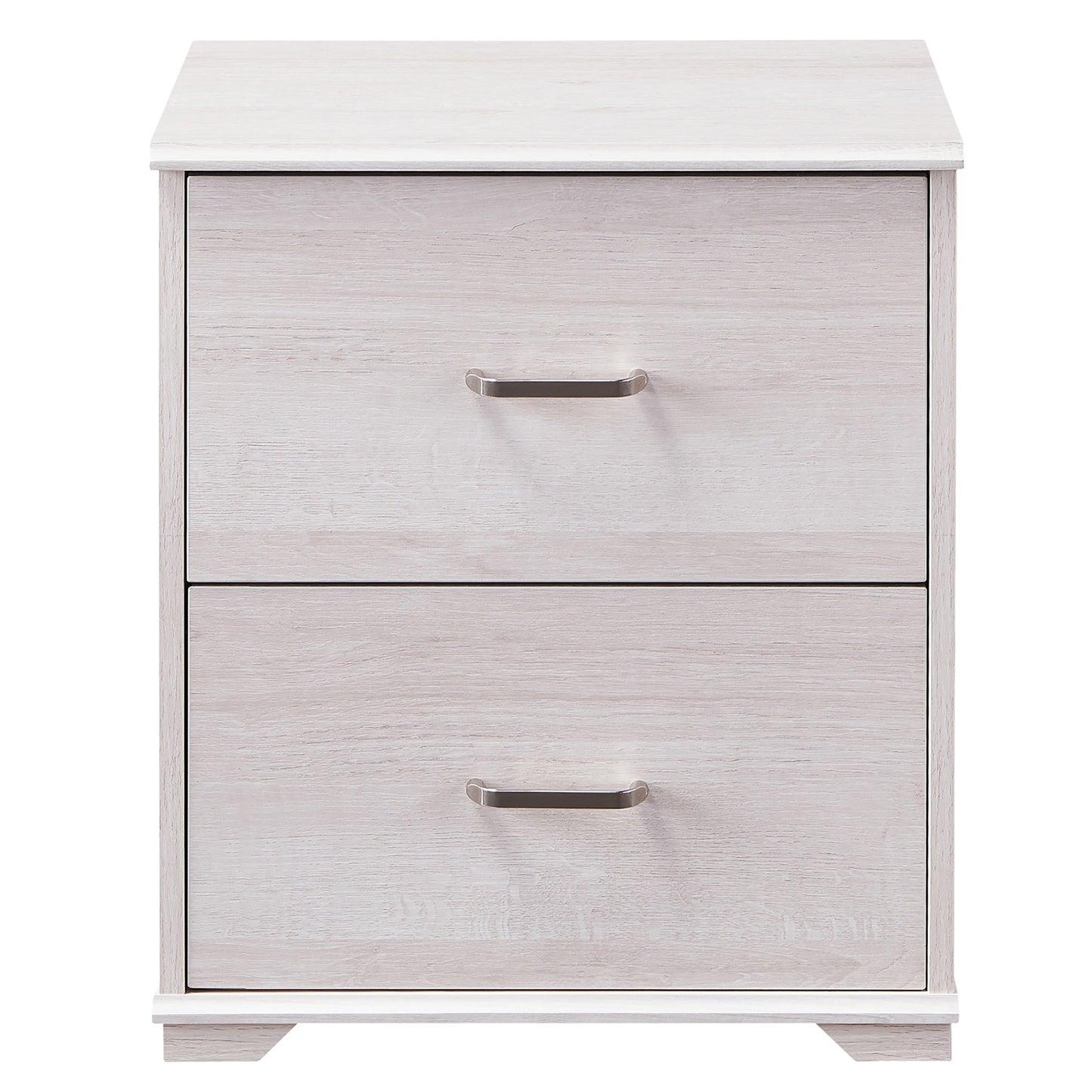 Front-facing transitional white oak two-drawer nightstand on a white background