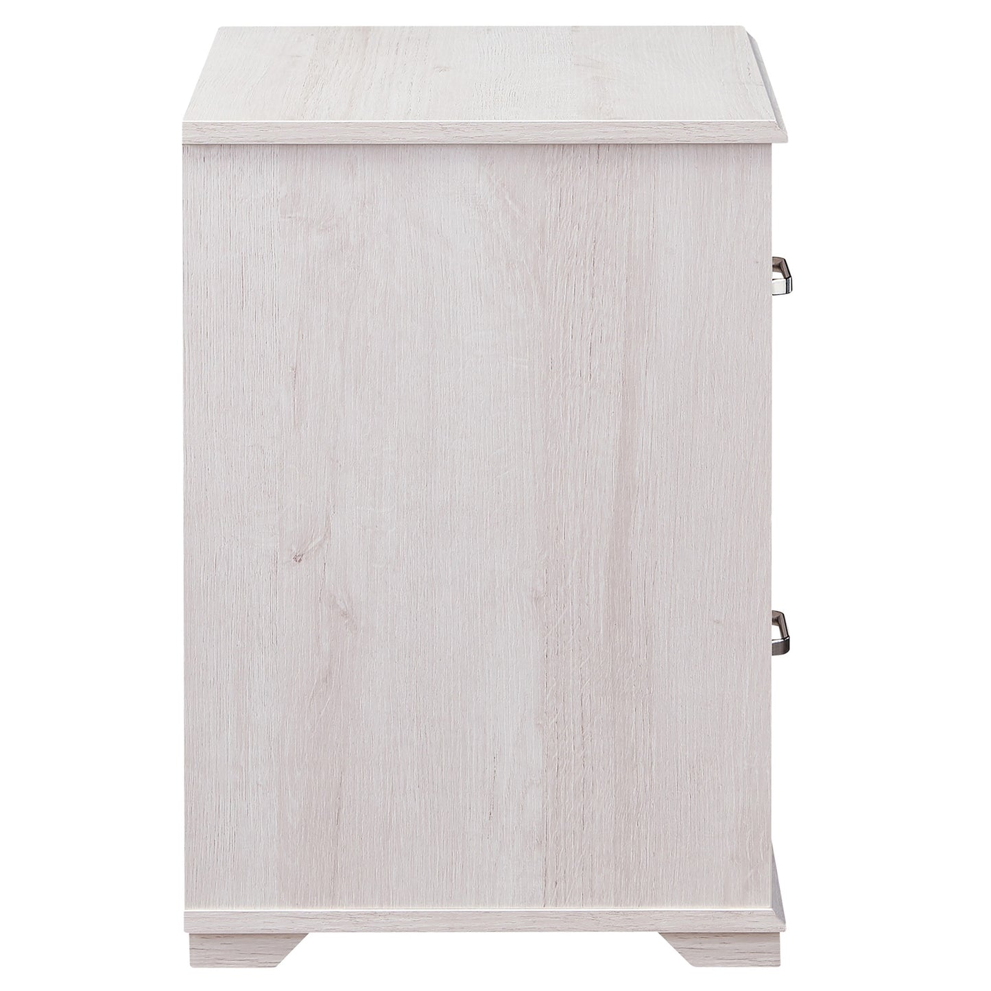 Front-facing side view of a transitional white oak two-drawer nightstand on a white background